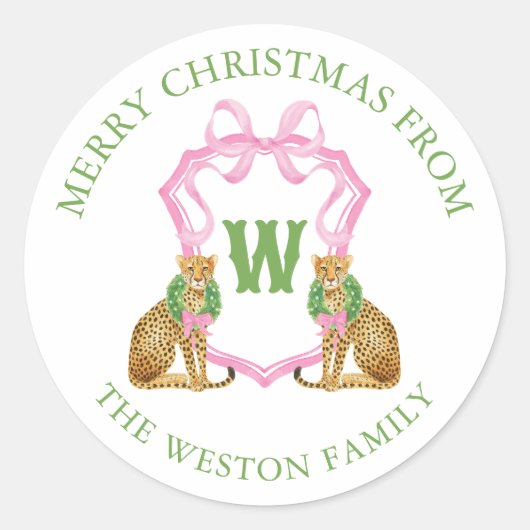 Sticker Rond Watercolor Preppy Leopard Monogram Crest (Devant)