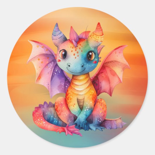 Sticker Rond Watercolor Rainbow Dragon Baby shower (Devant)