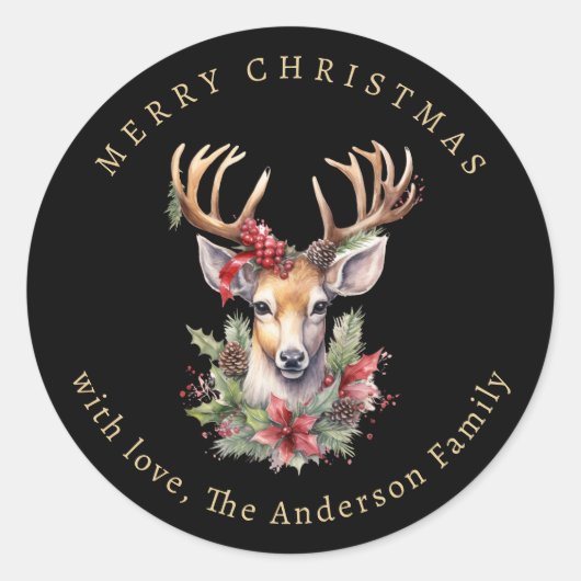 Sticker Rond Watercolor Reindeer Holly Berries Christmas (Devant)
