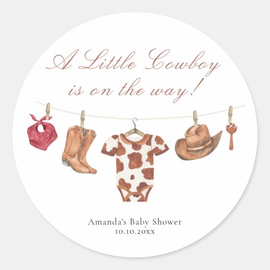 Sticker Rond Watercolor Rodeo Western Cowboy Baby Shower (Devant)