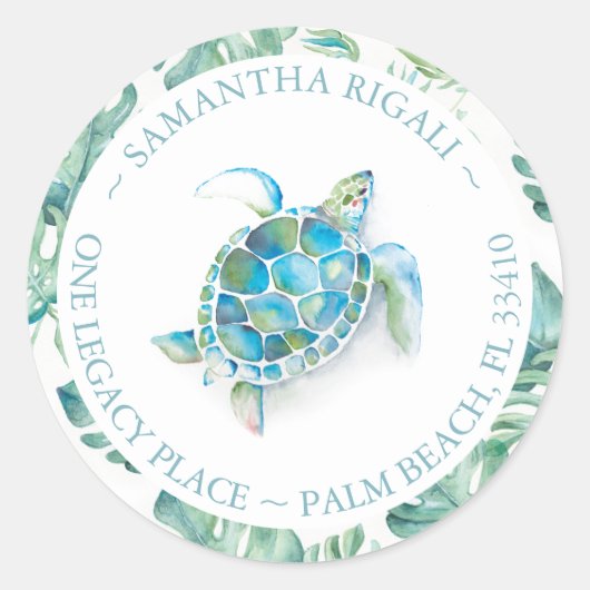 Sticker Rond Watercolor Sea Turtle Beach Adresse de retour (Devant)