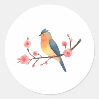 Sticker Rond Watercolor Songbird on Pink Cherry Blossom Branch 