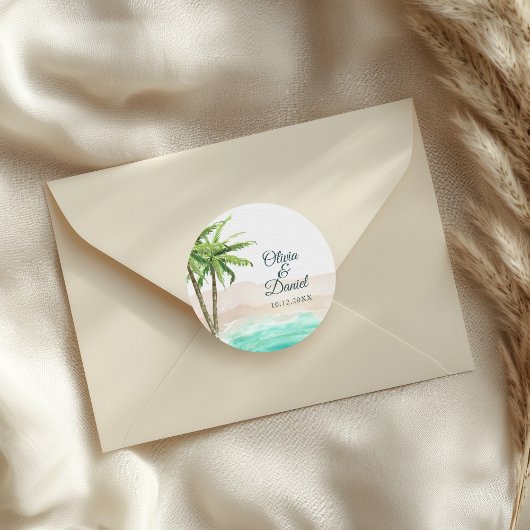 Sticker Rond Watercolor Turquoise Sandy Beach Wedding