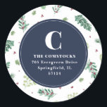 Sticker Rond Watercolor Winter Foliing Christmas Retours Adress<br><div class="desc">Cette élégante étiquette d'adresse de retour de Noël comprend un motif de feuillage d'hiver peint à la main et un monogramme - parfait pour sceller vos enveloppes de cartes de Noël ou des invitations à des fêtes de fin d'année! Customisez-le avec votre adresse de retour ou changez la couleur pour...</div>