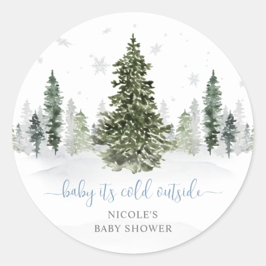 Sticker Rond Watercolor Winter Forest Baby shower bleu (Devant)
