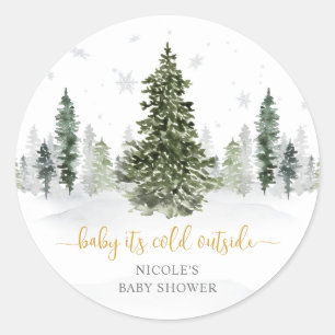 Sticker Rond Watercolor Winter Forest Gold Baby shower