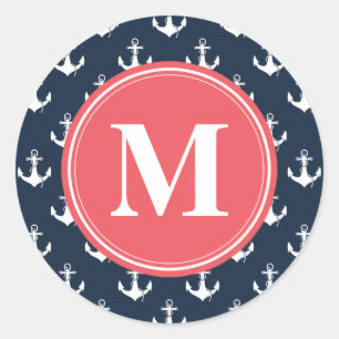 Sticker Rond Watermelon Monogrammed Marine Blue Ancre Motif