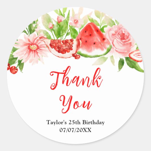 Sticker Rond Watermelon Pomegranate Birthday Party Thank You (Devant)
