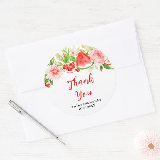 Sticker Rond Watermelon Pomegranate Birthday Party Thank You (Enveloppe)