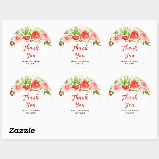 Sticker Rond Watermelon Pomegranate Birthday Party Thank You (Feuille)