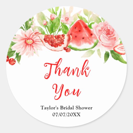 Sticker Rond Watermelon Pomegranate Bridal Shower Thank You (Devant)