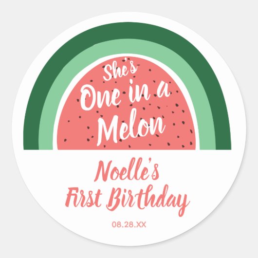 Sticker Rond Watermelon Rainbow, She's One in a Melon 1st Anniv (Devant)