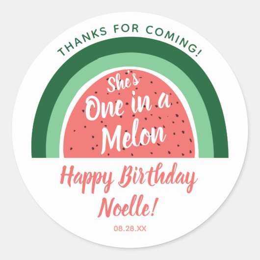 Sticker Rond Watermelon Rainbow, She's One in a Melon, Annivers (Devant)