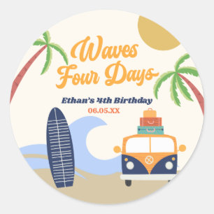 Sticker Rond Waves Four Days Surf Board 4th Birthday Party