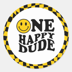 Sticker Rond Wavy À damiers Jaune Preppy Smile One Happy Dude