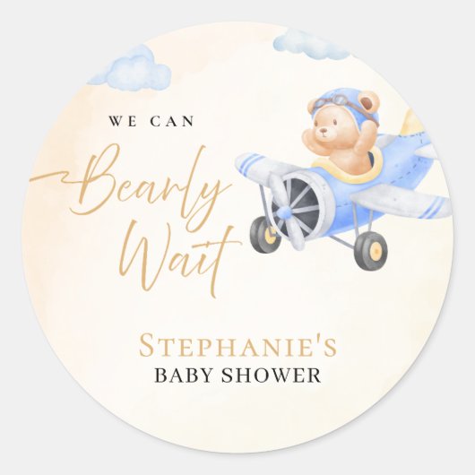 Sticker Rond We Can Bearly Wait, Bear in Plane Baby Shower (Devant)