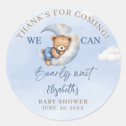 Sticker Rond We can Bearly wait - Cute Bear Baby shower boy (Devant)