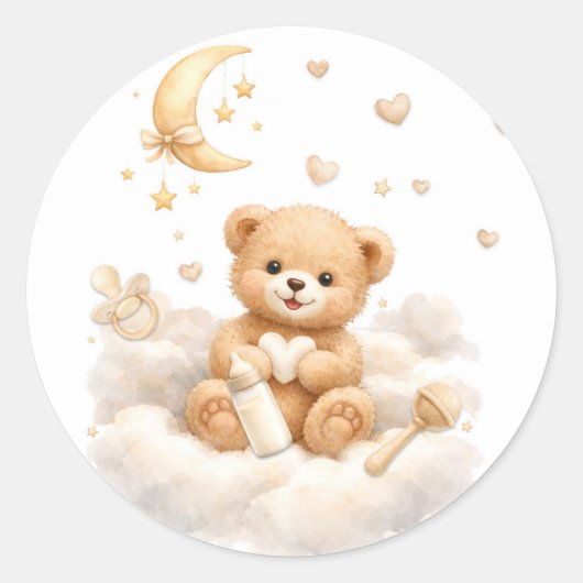 Sticker Rond We can Bearly Wait Teddy Bear Baby Shower (Devant)