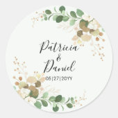 Sticker Rond Wedding Bride Groom Name Green Floral Eucalyptus (Devant)
