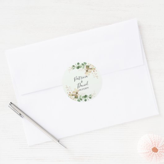 Sticker Rond Wedding Bride Groom Name Green Floral Eucalyptus (Enveloppe)