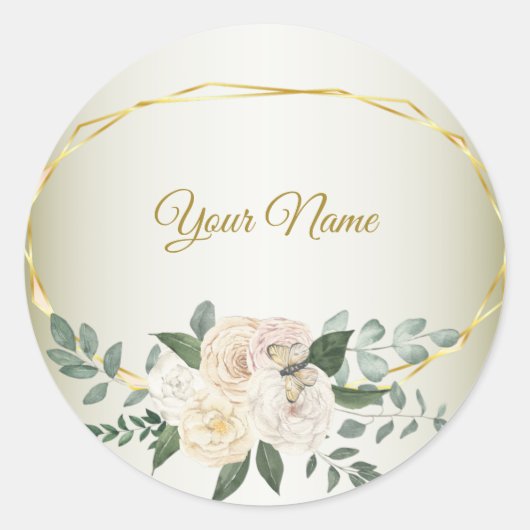 Sticker Rond Wedding Greenery Leaves Pink Floral Gold Geometric (Devant)