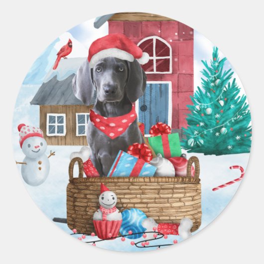 Sticker Rond Weimaraner Chien dans la neige Maison de Chien de (Devant)