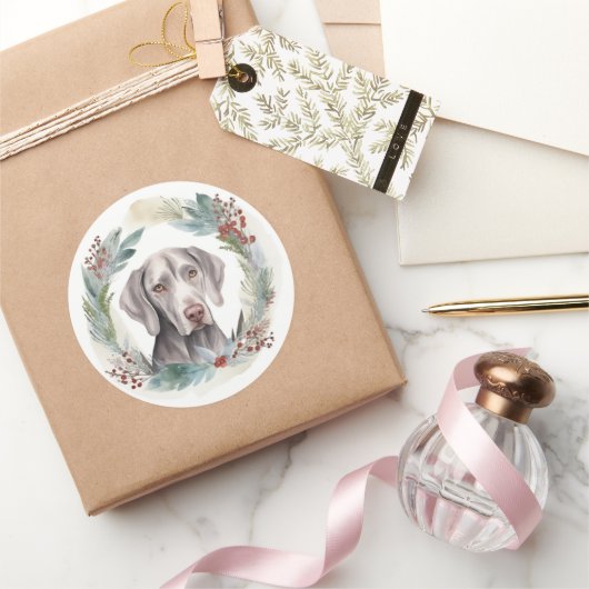 Sticker Rond Weimaraner Christmas Wreath Festive Pup (Cadeaux)