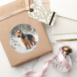 Sticker Rond Welsh Terrier Laisser Neige Noël