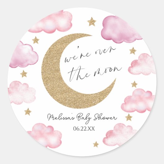Sticker Rond We're Over The Moon Pink Celestial Baby Shower (Devant)