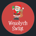 Sticker Rond Wesolych Swiat Polish Christmas<br><div class="desc">Sticker rouge Père Noël de Noël polonais Wesolych Swiat. Dites "Joyeux Noël" en polonais avec ces stickers Père Noël de dessins animés mignons. Idéal pour toute fête de Noël polonaise. L'ajout parfait à votre fête de vacances polonaise. Idéal pour les sacs cadeaux pour enfants.</div>