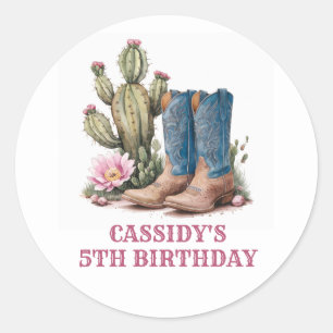 Sticker Rond West Cowgirl Cactus Aquarelle fête d'anniversaire
