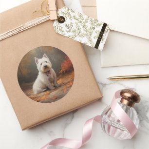 Sticker Rond West Highland White Terrier dans les feuilles d'au