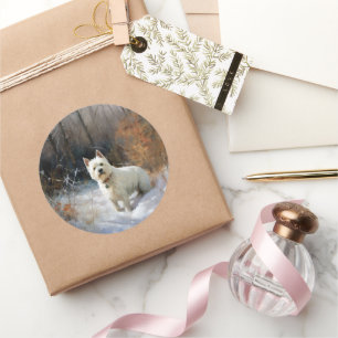 Sticker Rond West Highland White Terrier Laissons neiger Noël