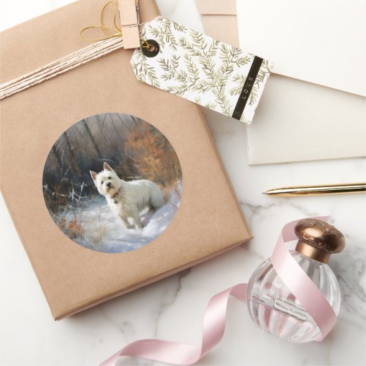 Sticker Rond West Highland White Terrier Laissons neiger Noël (Cadeaux)