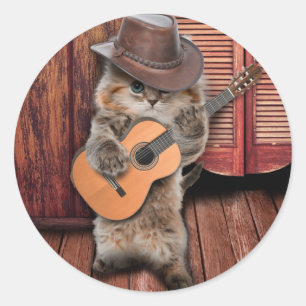 Sticker Rond Western Cat cowboy musicien avec guitare