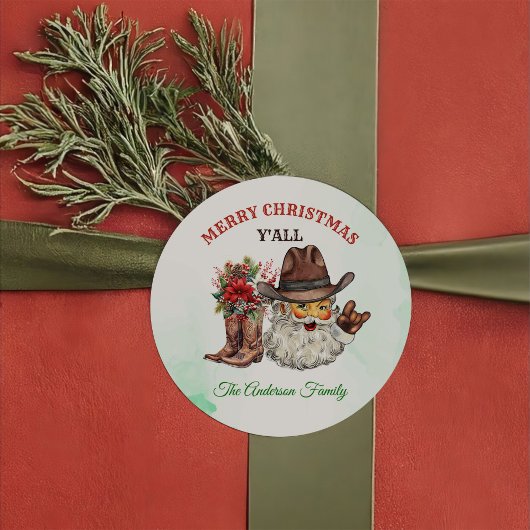 Sticker Rond Western Cowboy Santa Christmas Party 