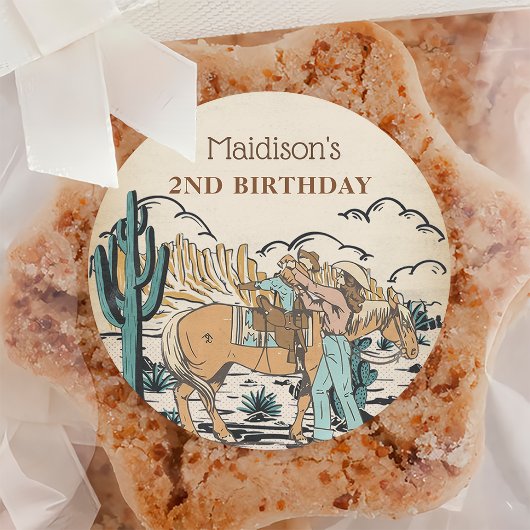 Sticker Rond Western Cowgirl fête d'anniversaire