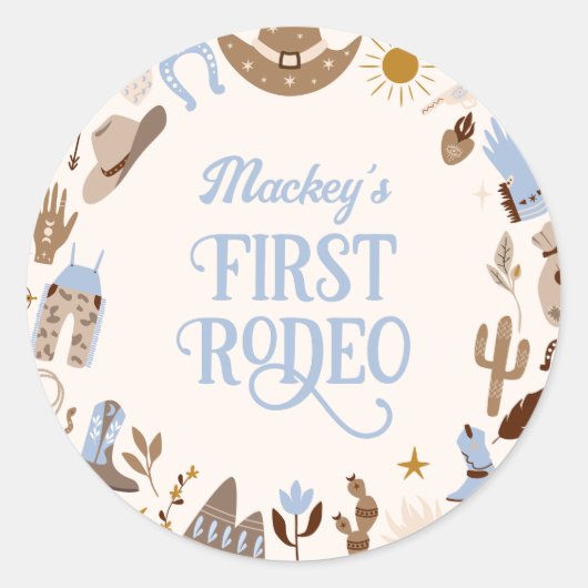Sticker Rond Western First Rodeo Wild West Cowboy Blue Annivers (Devant)