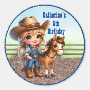 Sticker Rond Western Party Little Cowgirl Avec Cheval Personnal