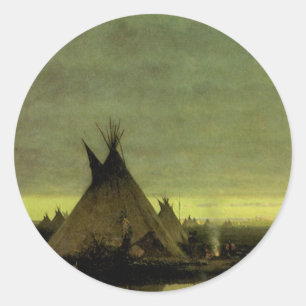 Sticker Rond Western vintage, Camp indien à l'aube par Tavernie