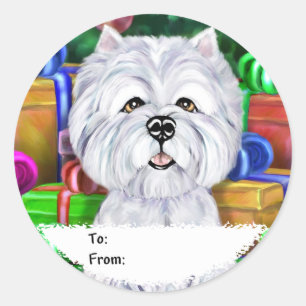 Sticker Rond Westie Christmas Open Cadeaux Tags cadeaux