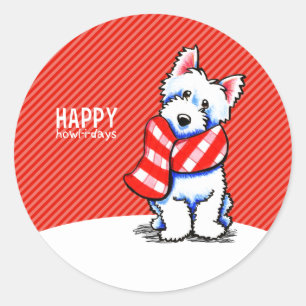 Sticker Rond Westie Plaid Scarf Christmas Joyeux Howl-i-days