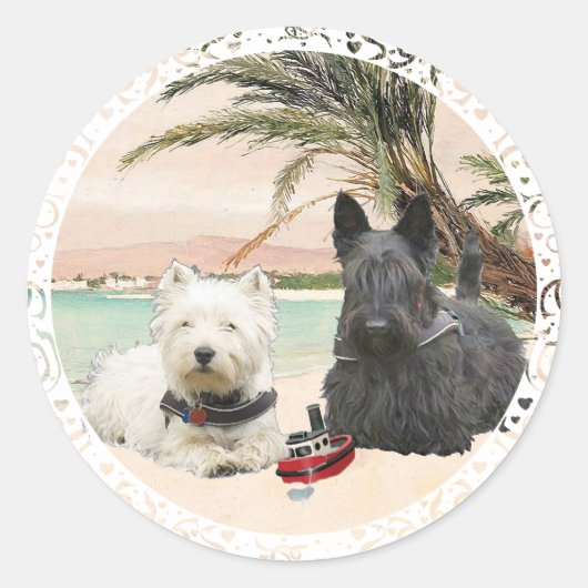Sticker Rond Westie & Scottie sur Palmy Beach (Devant)