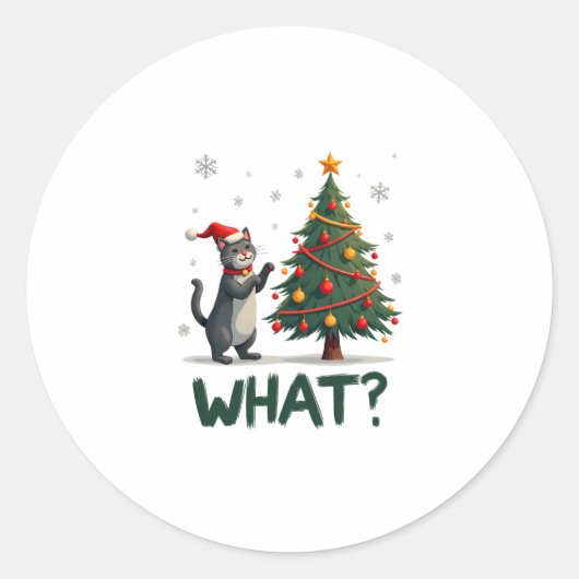Sticker Rond What Funny Cat Pushing Christmas Tree Over Cat Xma (Devant)