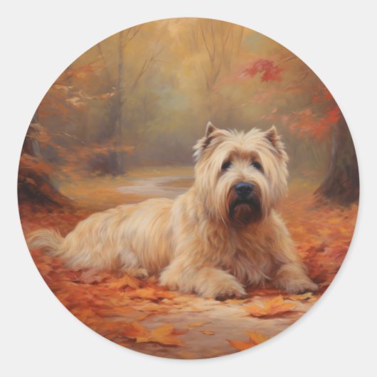 Sticker Rond Wheaten Terrier dans les feuilles d'automne automn (Devant)