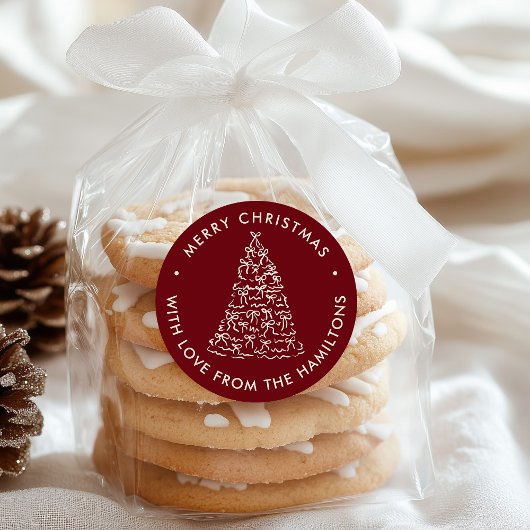 Sticker Rond Whimsical Christmas Tree Bows Cranberry Christmas