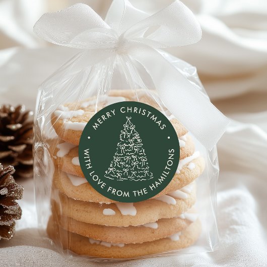 Sticker Rond Whimsical Christmas Tree Bows Pine Green Christmas