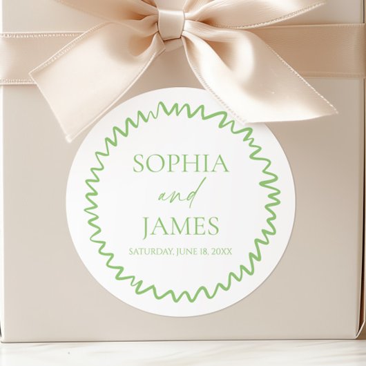 Sticker Rond Whimsical Citrus Green Wavy Border Wedding