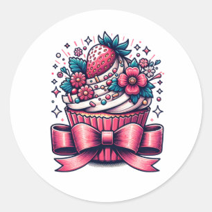 Sticker Rond Whimsical Cupcake aux fraises