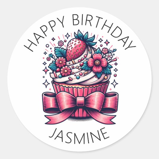 Sticker Rond Whimsical de cupcake de fraise personnalisée (Devant)
